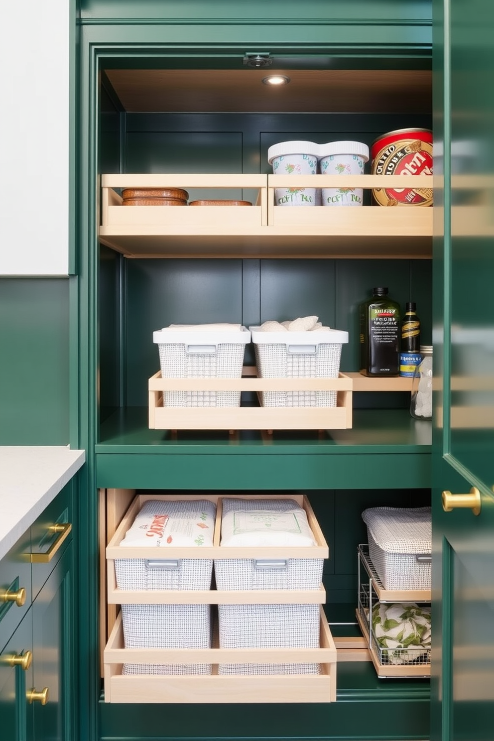 A stylish green pantry featuring pull-out shelves for easy access to stored items. The cabinetry is painted in a rich emerald hue, complemented by brass hardware and a sleek countertop.