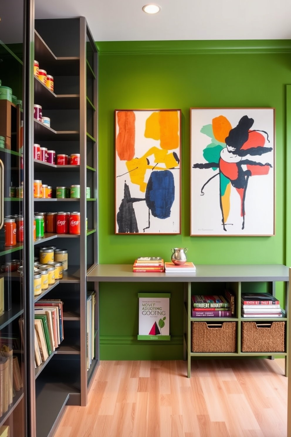 Bright green pantry with bold artwork. The pantry features sleek shelving that showcases vibrant food containers and cookbooks. A large piece of abstract art adorns the wall, adding a pop of color and personality. The floor is tiled with a light wood finish, creating a warm contrast to the bright green walls.