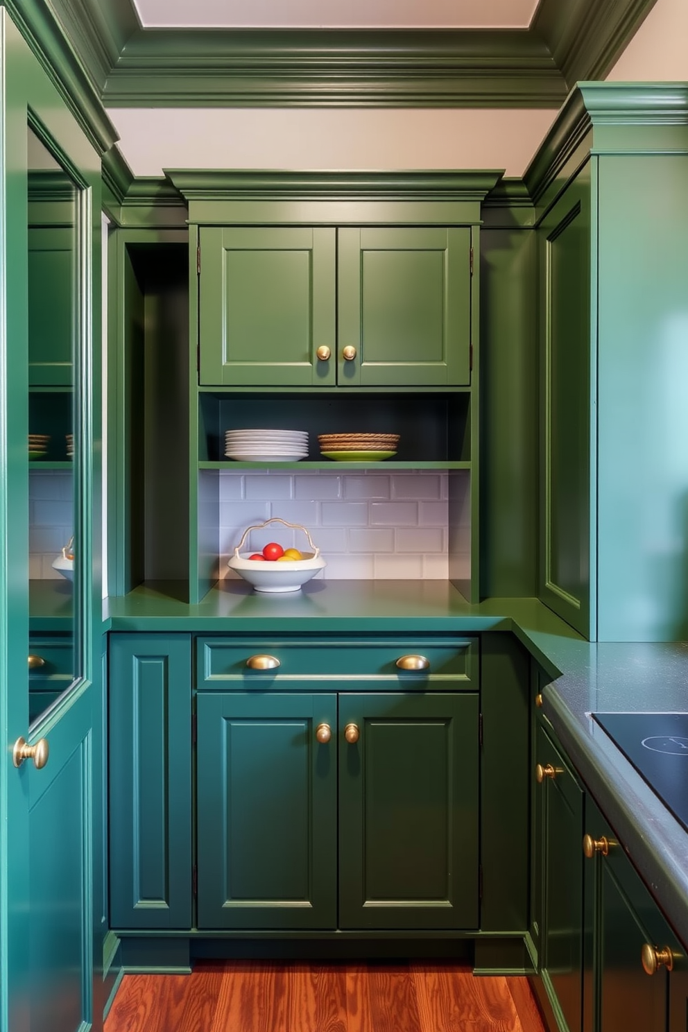 A traditional green pantry featuring elegant crown molding that enhances the classic aesthetic. The cabinetry is painted in a rich green hue, complemented by brass hardware and ample shelving for storage.