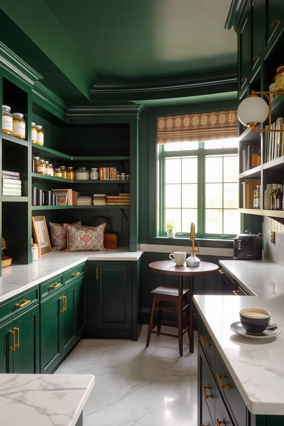 Chic green pantry with marble countertops. The cabinetry is a deep forest green with brass hardware, providing a rich contrast to the white marble surfaces. Open shelving displays artisanal jars and cookbooks, while a large window allows natural light to flood the space. A cozy seating nook with a small table is nestled in one corner, perfect for enjoying a morning coffee.