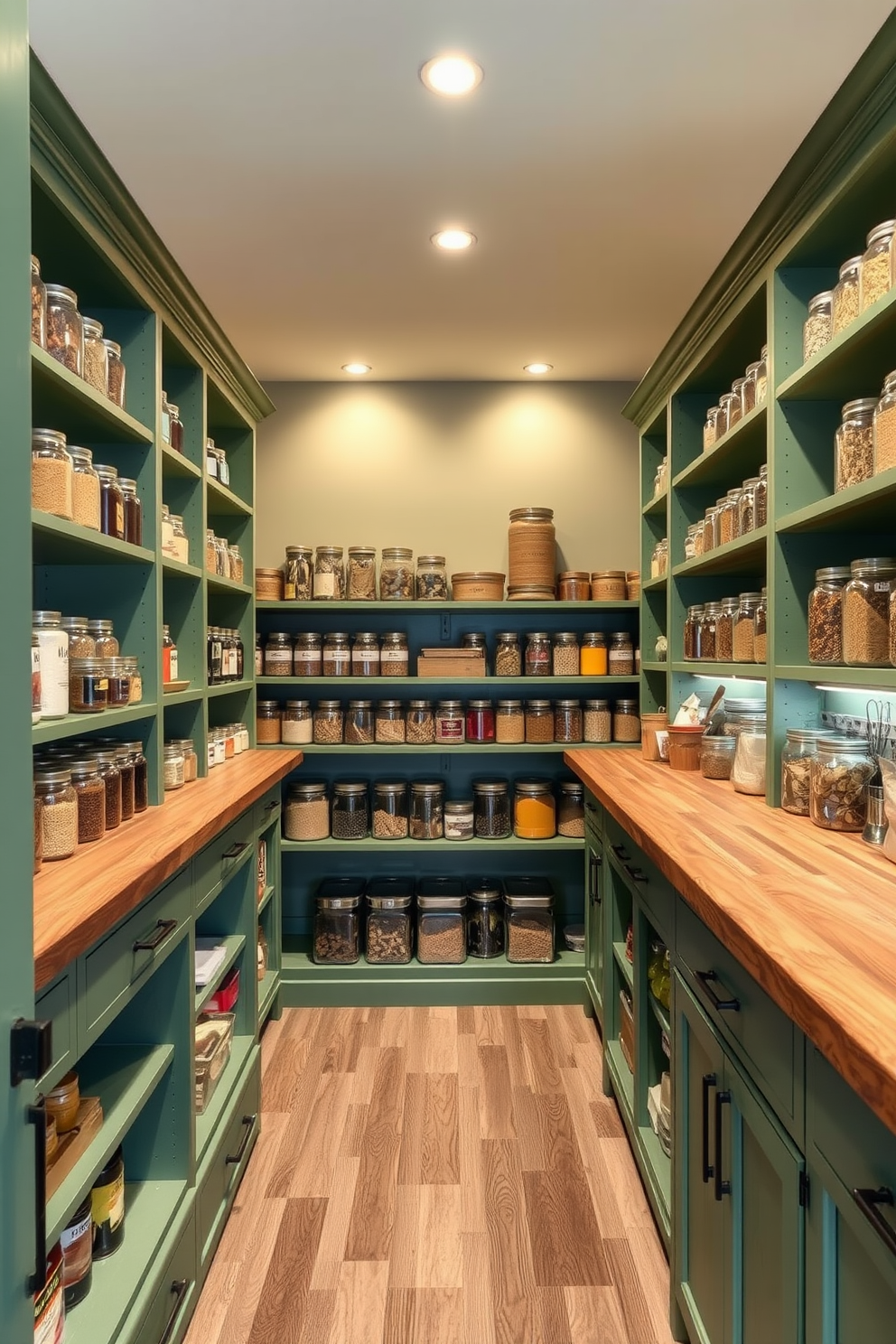 A functional green pantry with ample storage features deep shelves lined with jars of spices and grains. The walls are painted in a soft sage green, creating a calm and inviting atmosphere. Natural wood accents are incorporated through a rustic wooden countertop and cabinetry. The pantry is well-lit with warm LED lights that highlight the organized layout and vibrant colors of the stored items.