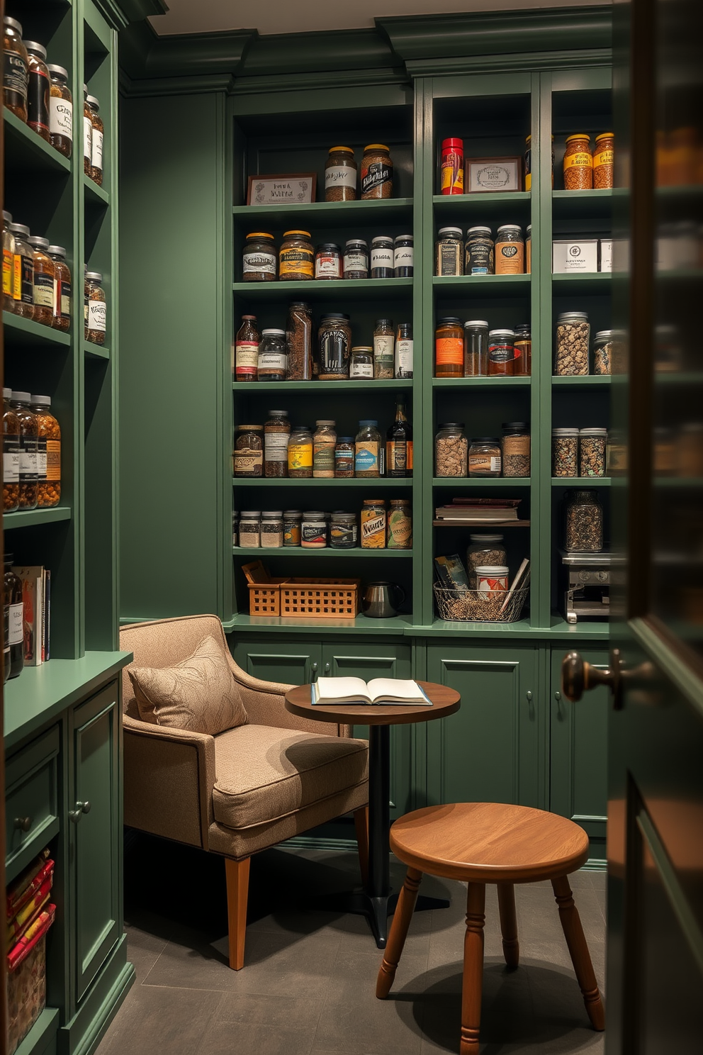 A green pantry featuring a cozy reading nook with a comfortable armchair positioned next to a small round table. Shelves filled with jars of spices and neatly organized ingredients line the walls, while soft lighting creates a warm and inviting atmosphere.