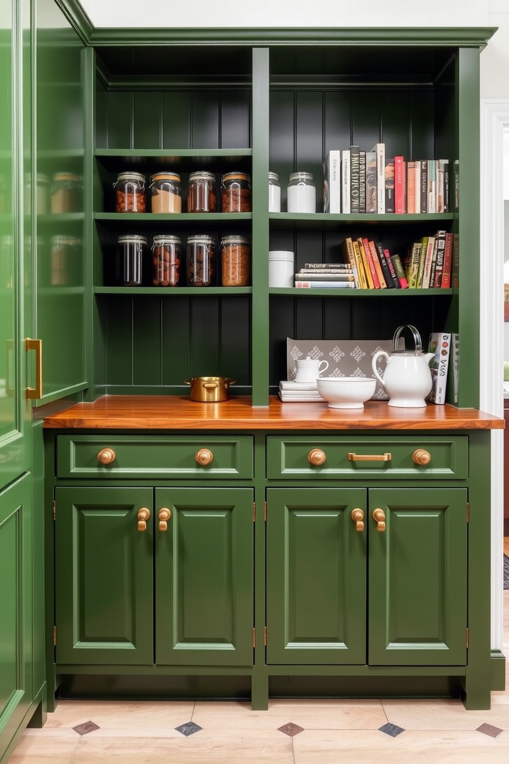 Elegant green pantry with unique hardware. The cabinetry features a rich green finish complemented by brass handles and knobs. Open shelving displays an array of jars and cookbooks, adding both functionality and style. A rustic wooden countertop provides ample space for meal prep and decorative accents.