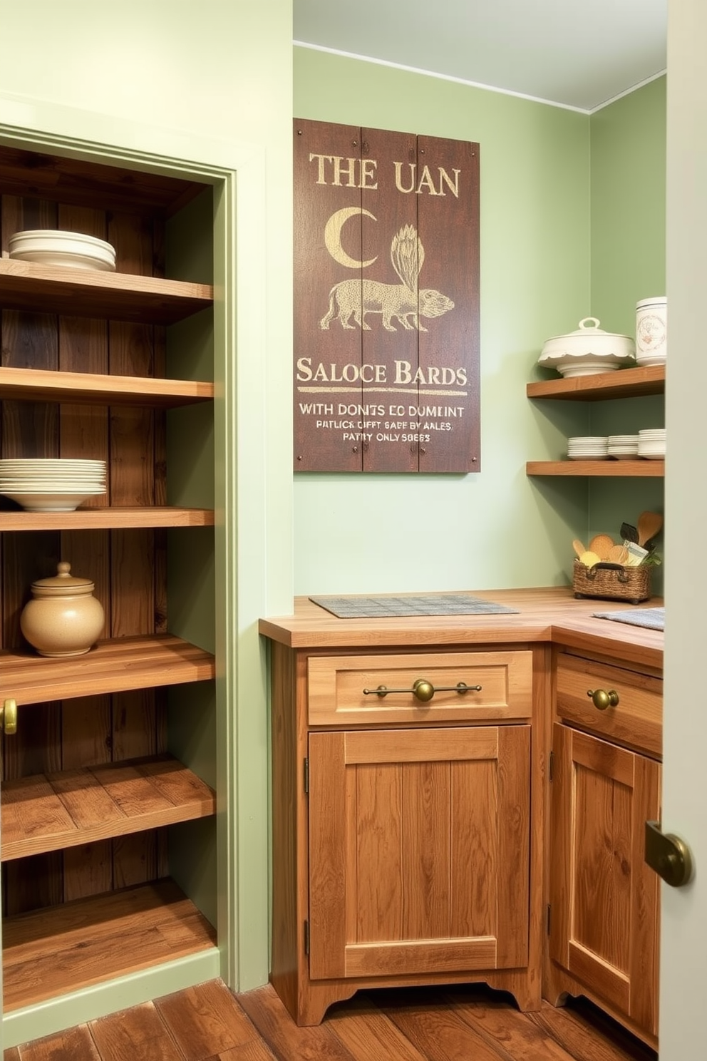 A rustic pantry featuring reclaimed wood shelves and cabinets. The walls are painted in a soft green hue, complemented by vintage-style brass hardware.