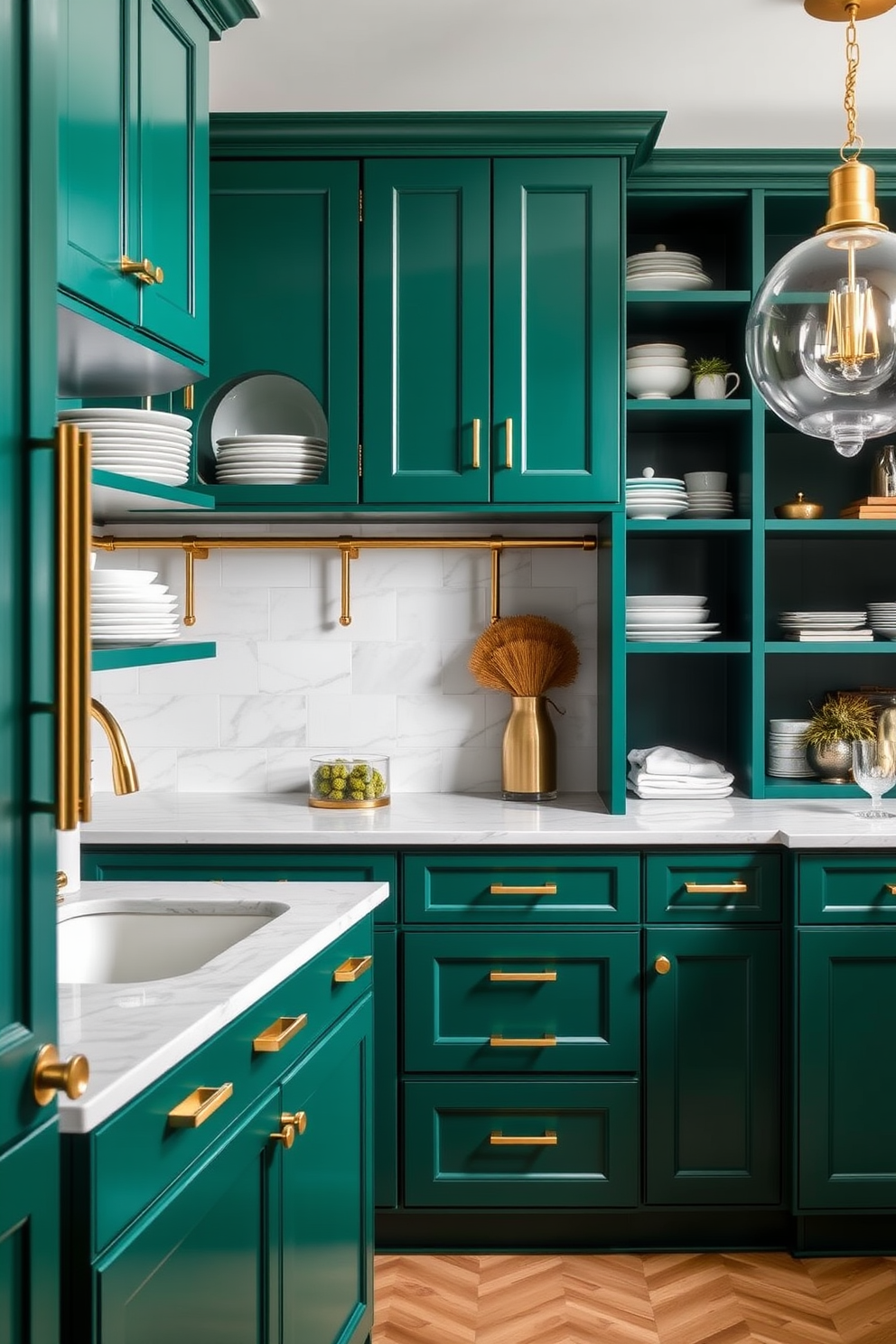 A sophisticated green pantry features elegant gold accents throughout the space. The cabinetry is a rich emerald green, complemented by gold hardware and fixtures that add a touch of luxury. Open shelving displays curated dishware and decorative items, enhancing the visual appeal. A marble countertop provides ample workspace, while a stylish pendant light illuminates the area beautifully.