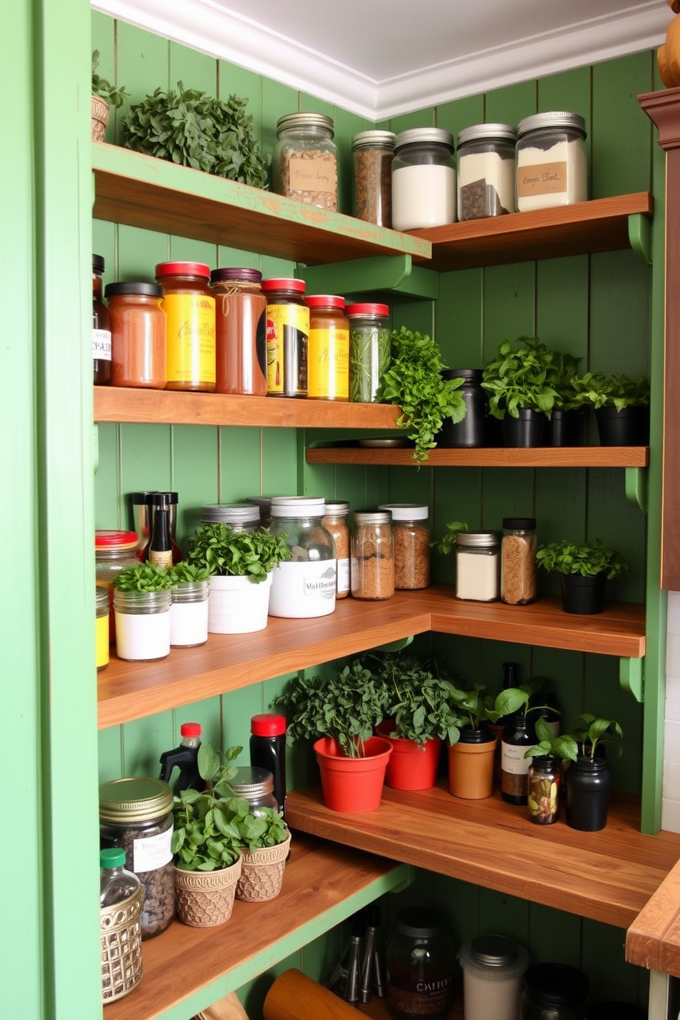 Create a cozy pantry with rustic wood shelves that are painted in a vibrant green hue. The shelves are filled with an assortment of colorful jars, fresh herbs in pots, and neatly arranged spices, creating an inviting atmosphere.