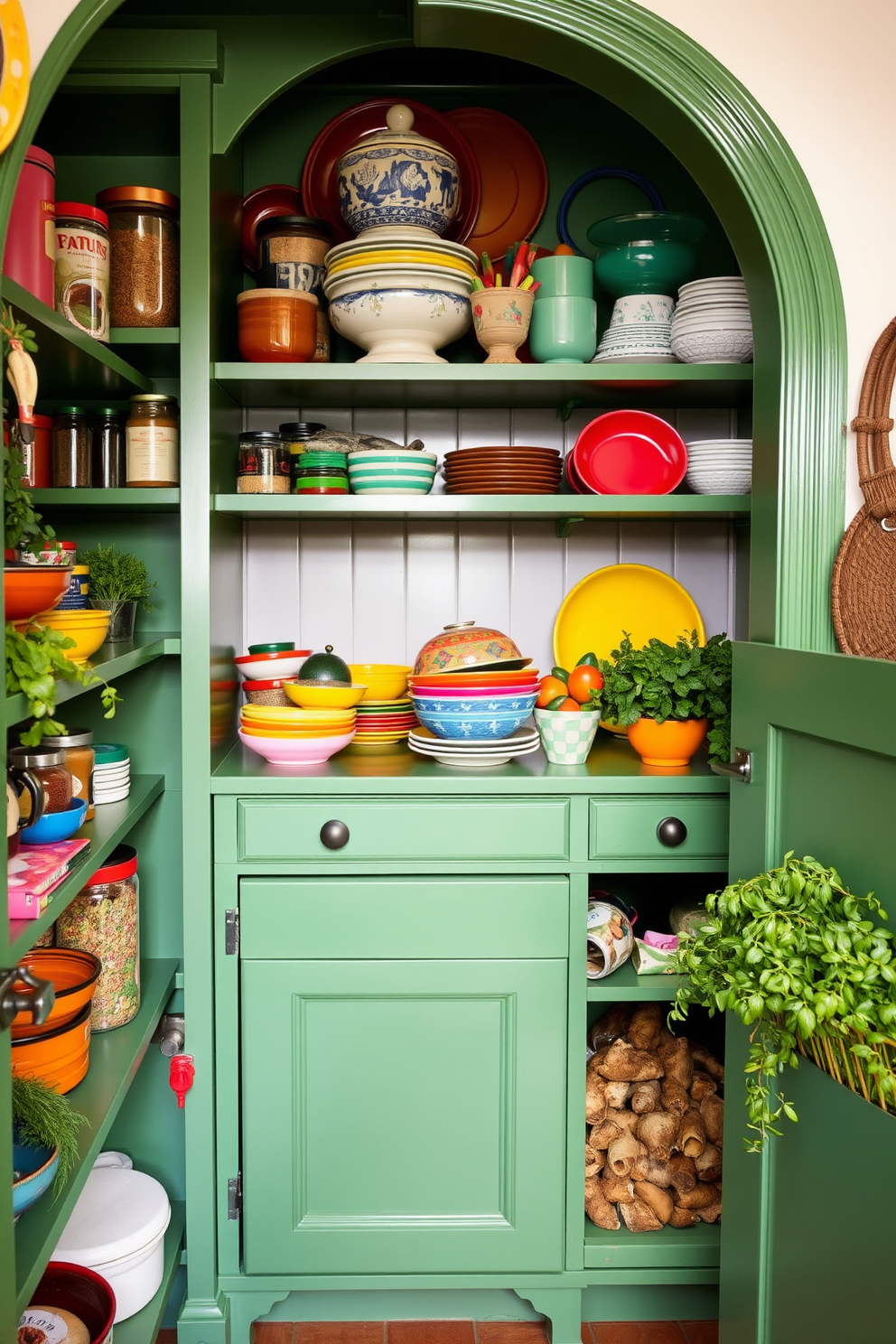 A colorful green pantry filled with vibrant accessories. The shelves are lined with jars of spices, colorful dishes, and fresh herbs, creating a lively and inviting atmosphere.