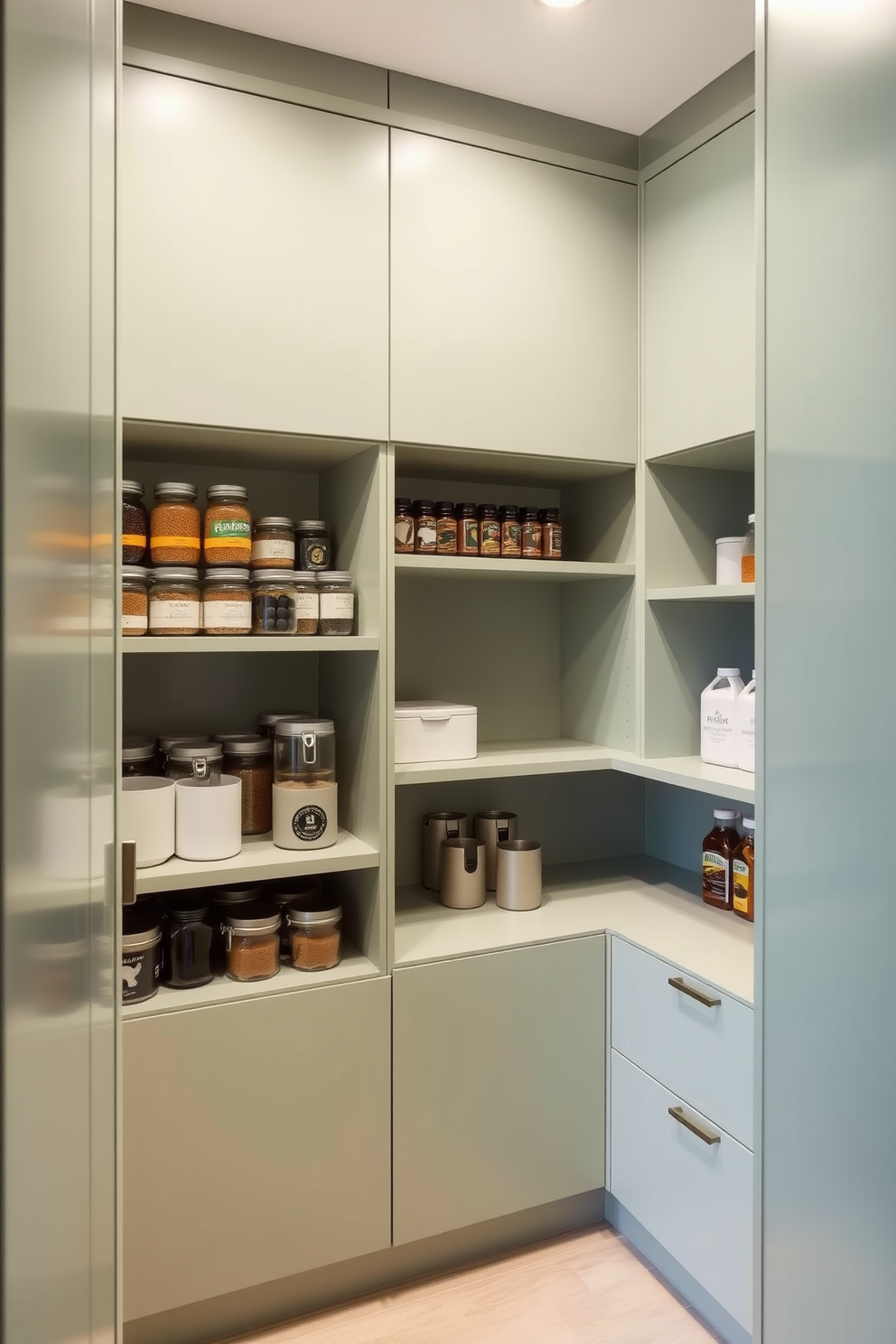 A minimalist pantry featuring sleek cabinetry in a soft green hue. The design emphasizes clean lines and ample storage, with open shelving displaying neatly organized jars and containers.