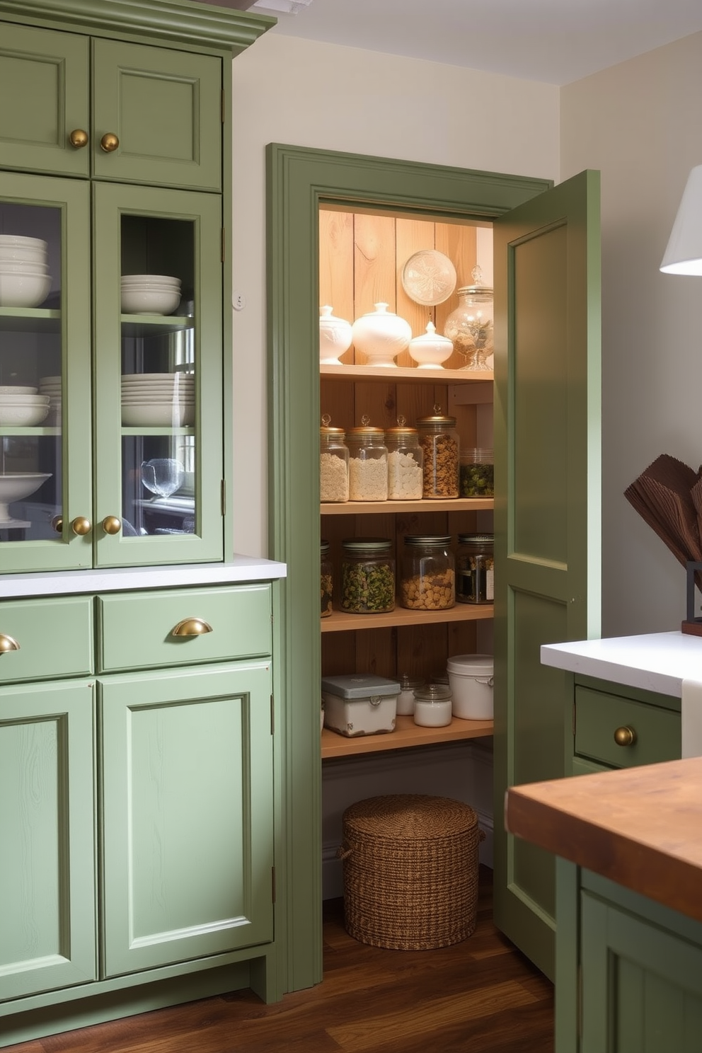 A vintage kitchen featuring green cabinets with elegant brass handles creates a charming and inviting atmosphere. The pantry is designed with open shelving, showcasing rustic wooden accents and decorative glass jars filled with colorful ingredients.