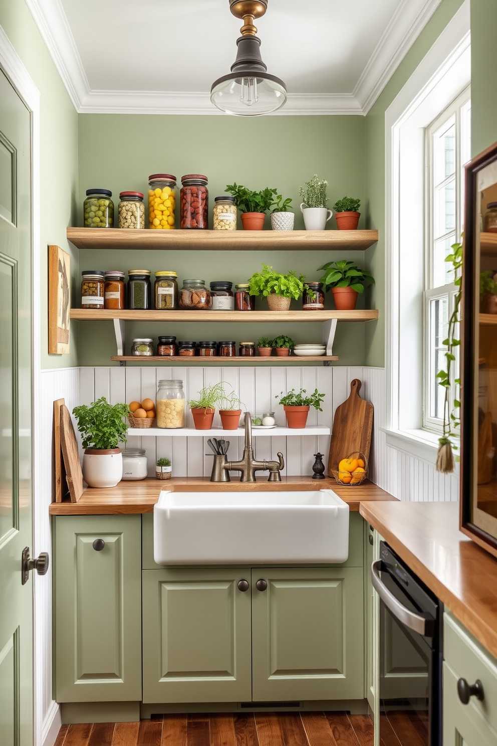 A charming farmhouse style pantry adorned in soothing green hues. The space features open shelving made of reclaimed wood, showcasing an array of rustic jars and fresh produce. The walls are painted in a soft sage green, complemented by white beadboard wainscoting. A large farmhouse sink sits beneath a window, with herbs growing in pots on the sill, adding a touch of nature to the design.