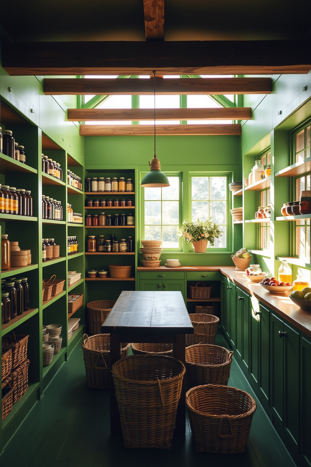 A bright green pantry filled with natural light. The walls are painted in a vibrant green, and large windows allow sunlight to flood the space. Open wooden shelves display an array of colorful jars and fresh produce. A rustic wooden table sits in the center, surrounded by wicker baskets for storage.