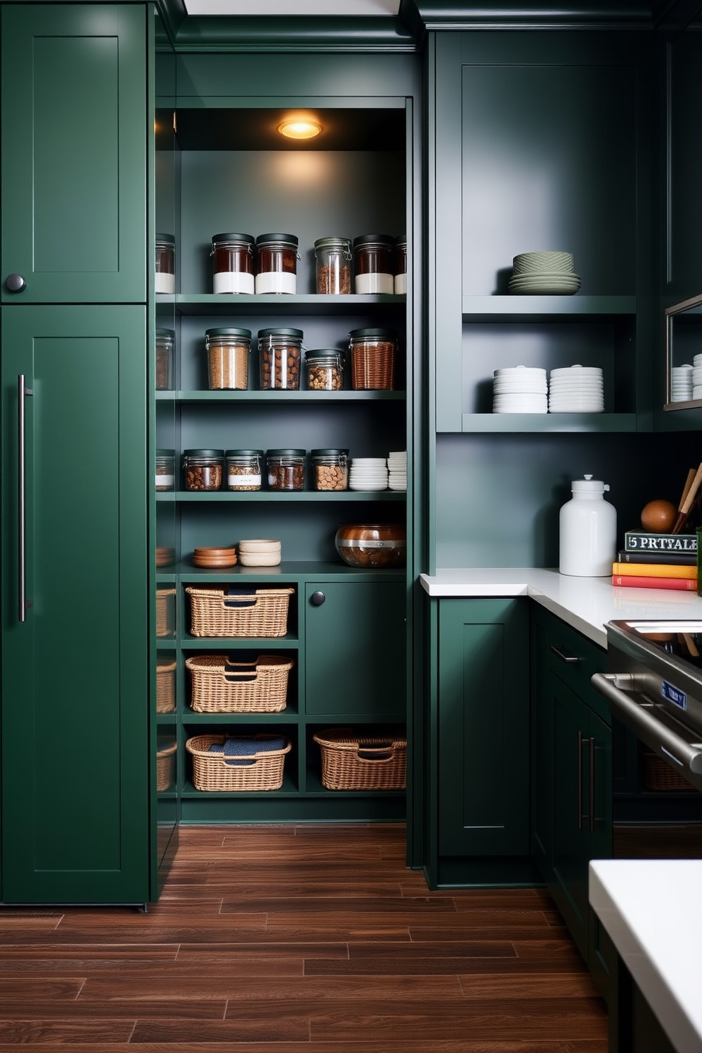 Deep green cabinetry creates a striking focal point in a modern kitchen. The sleek design features minimalist hardware and complements the surrounding decor with its rich hue. For the pantry, consider open shelving that showcases organized jars and baskets. Incorporate subtle lighting to enhance the deep green tones and create an inviting atmosphere.