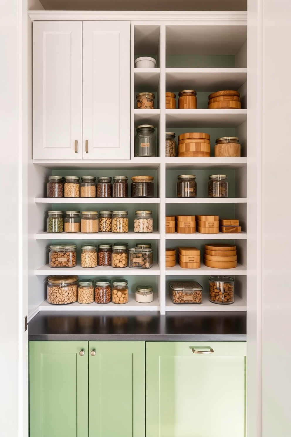 A modern two-tone pantry featuring green cabinetry on the lower half and crisp white cabinets above. The shelves are neatly organized with glass jars and wooden containers, creating an inviting and functional space.