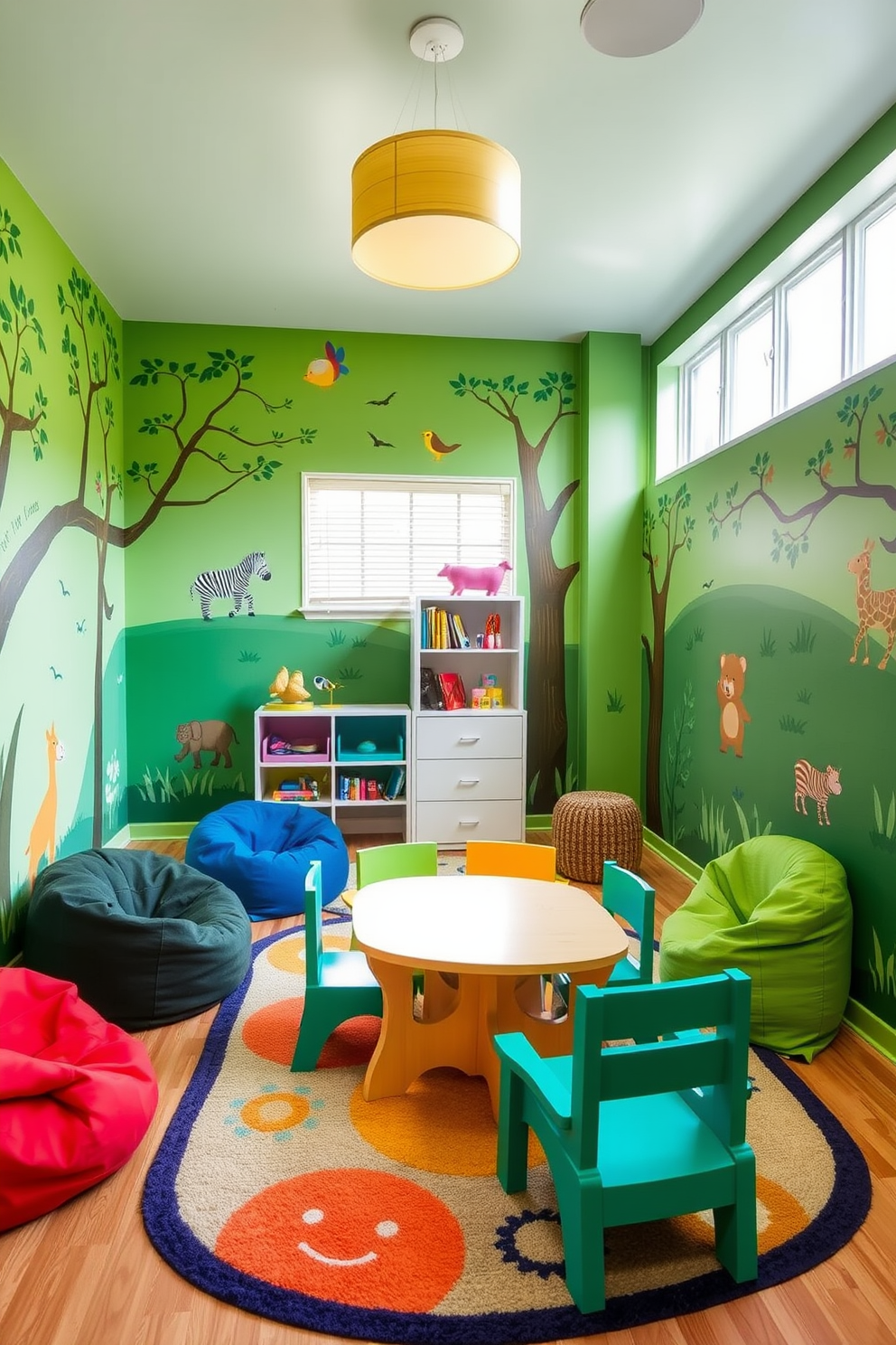 A vibrant playroom filled with energy and creativity. The walls are painted in a refreshing green hue adorned with playful murals of animals and nature scenes. Colorful furniture pieces such as bean bags and soft rugs create a welcoming atmosphere. A low table surrounded by child-sized chairs invites imaginative play and activities.