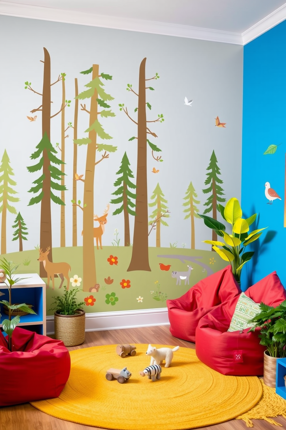 Nature themed wall decals featuring a forest scene with tall trees and playful animals such as deer and birds. The color palette includes soft greens and browns to create a calming atmosphere. A vibrant playroom design with bright blue walls and colorful furniture including a yellow rug and red bean bags. Nature-themed accents such as leafy plants and wooden toys enhance the playful environment.