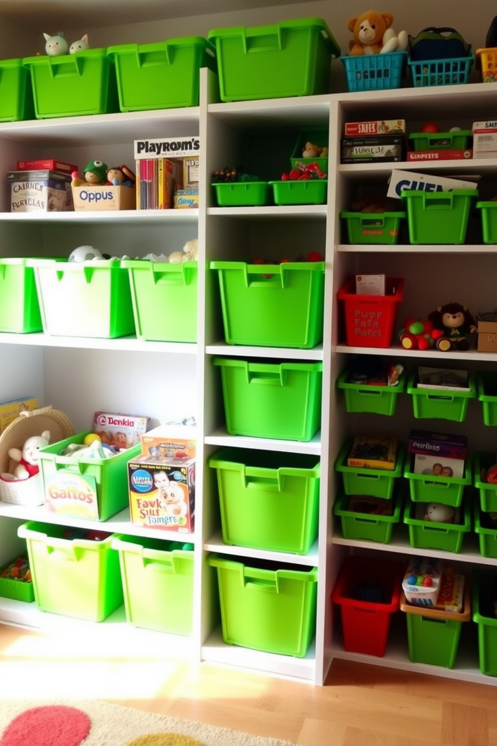 A playful playroom filled with vibrant green storage solutions. Colorful bins and shelves are arranged to create an inviting and organized space for toys and games.