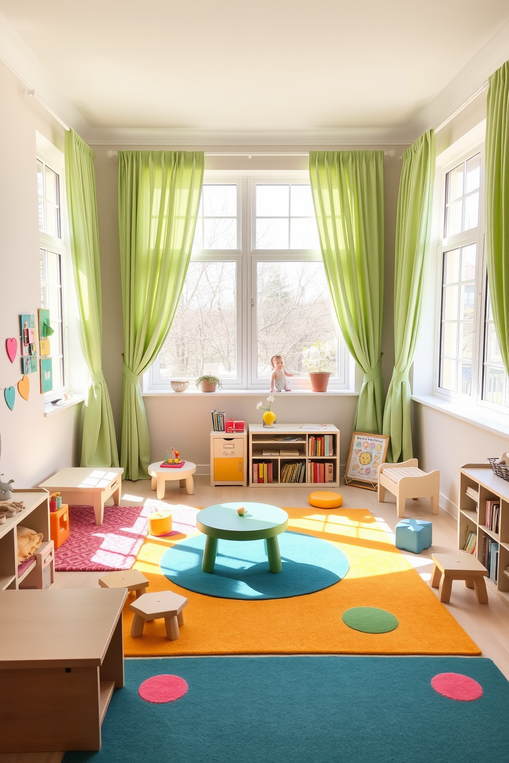 A vibrant playroom designed with light green wallpaper featuring playful patterns. The room is filled with colorful furniture, including a soft rug, bean bags, and a small table for creative activities.