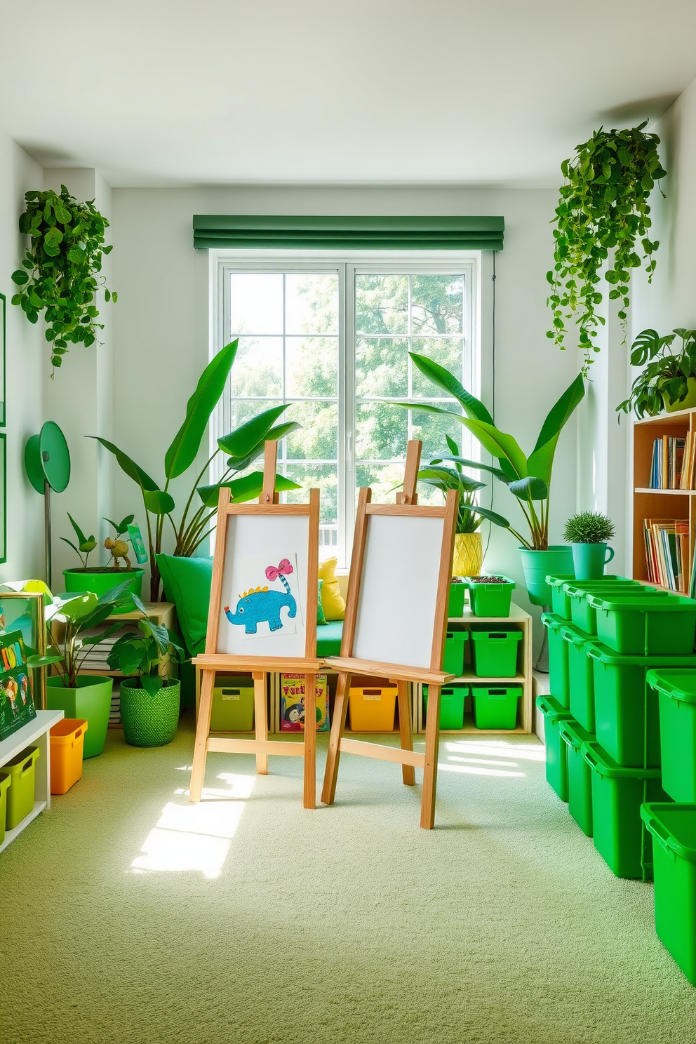 Art corner with easels and green decor. The space features two wooden easels positioned in front of a large window, allowing natural light to flood in. Lush green plants are strategically placed around the room, creating a vibrant and inspiring atmosphere. The walls are painted in a soft white, providing a perfect backdrop for the colorful artwork displayed. Green playroom design ideas. The room includes a cozy reading nook with green cushions and a small bookshelf filled with children's books. Brightly colored storage bins in various shades of green are organized neatly, encouraging play and creativity. The flooring is a soft, durable carpet in a light green hue, enhancing comfort and safety for kids.