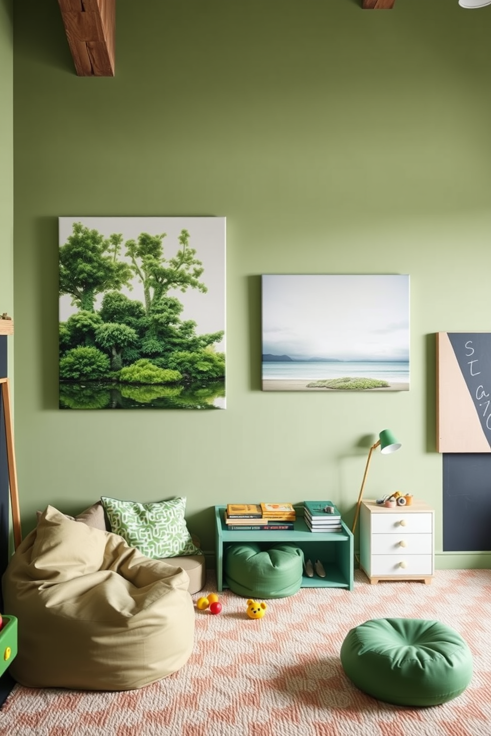 Nature-inspired art for a calming effect. The walls are adorned with large canvas prints of serene landscapes featuring lush greenery and tranquil water scenes. Green playroom design ideas. The room features soft green walls and playful furniture pieces, including a cozy reading nook with bean bags and a chalkboard wall for creativity.