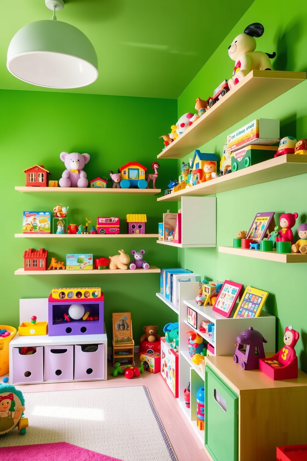 A playful green playroom filled with vibrant toys displayed on floating shelves. The walls are painted in a bright green hue, creating an energetic atmosphere for children to explore and play.