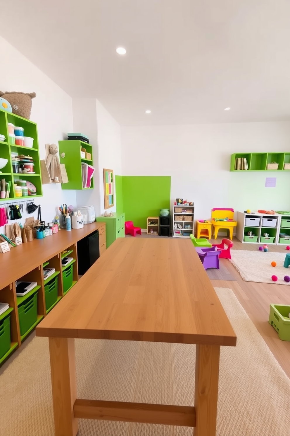 A DIY craft station featuring a large wooden table with ample workspace and organized storage for supplies. The walls are painted in a soft white, accented with vibrant green shelves filled with craft materials and tools. A playful playroom filled with colorful furniture and interactive elements for children. The room has a bright green accent wall, complemented by soft rugs and a variety of toys neatly arranged in open bins.