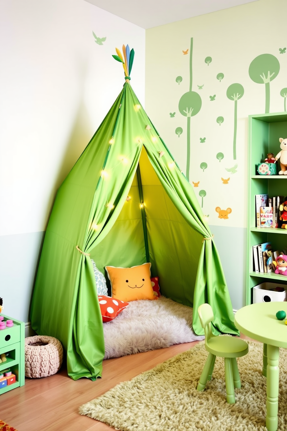 A charming playroom adorned with green and white striped curtains that gently filter sunlight, creating a warm and inviting atmosphere. The room features playful furniture in vibrant colors, including a soft rug and whimsical wall art that sparks creativity and joy.