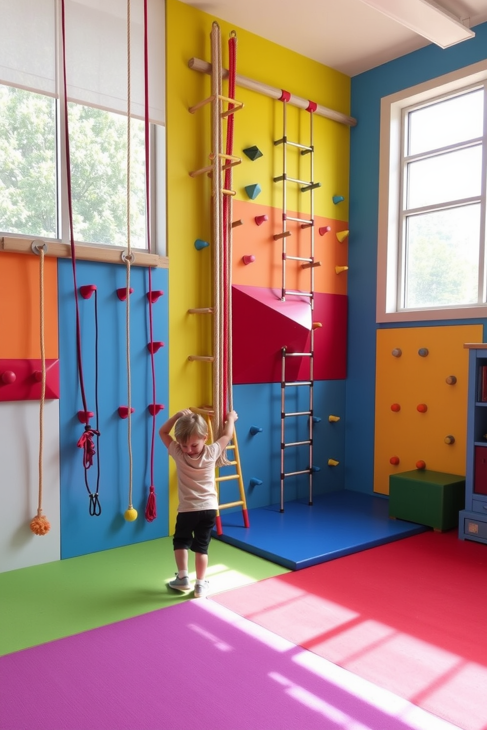 A vibrant playroom designed for active children features wall-mounted climbing structures that encourage physical activity and exploration. The walls are painted in bright colors, with soft mats on the floor to ensure safety during playtime. The space includes various climbing elements such as ropes, ladders, and textured panels, creating an engaging environment for kids. Natural light floods the room through large windows, enhancing the cheerful atmosphere and making it an inviting place for play.