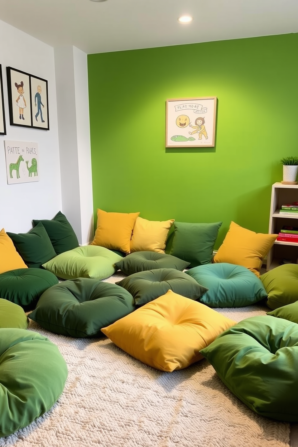 A vibrant playroom filled with floor cushions in various shades of green creates a cozy and inviting atmosphere. The walls are adorned with playful artwork and the floor is covered with a soft, textured rug that complements the cushions.