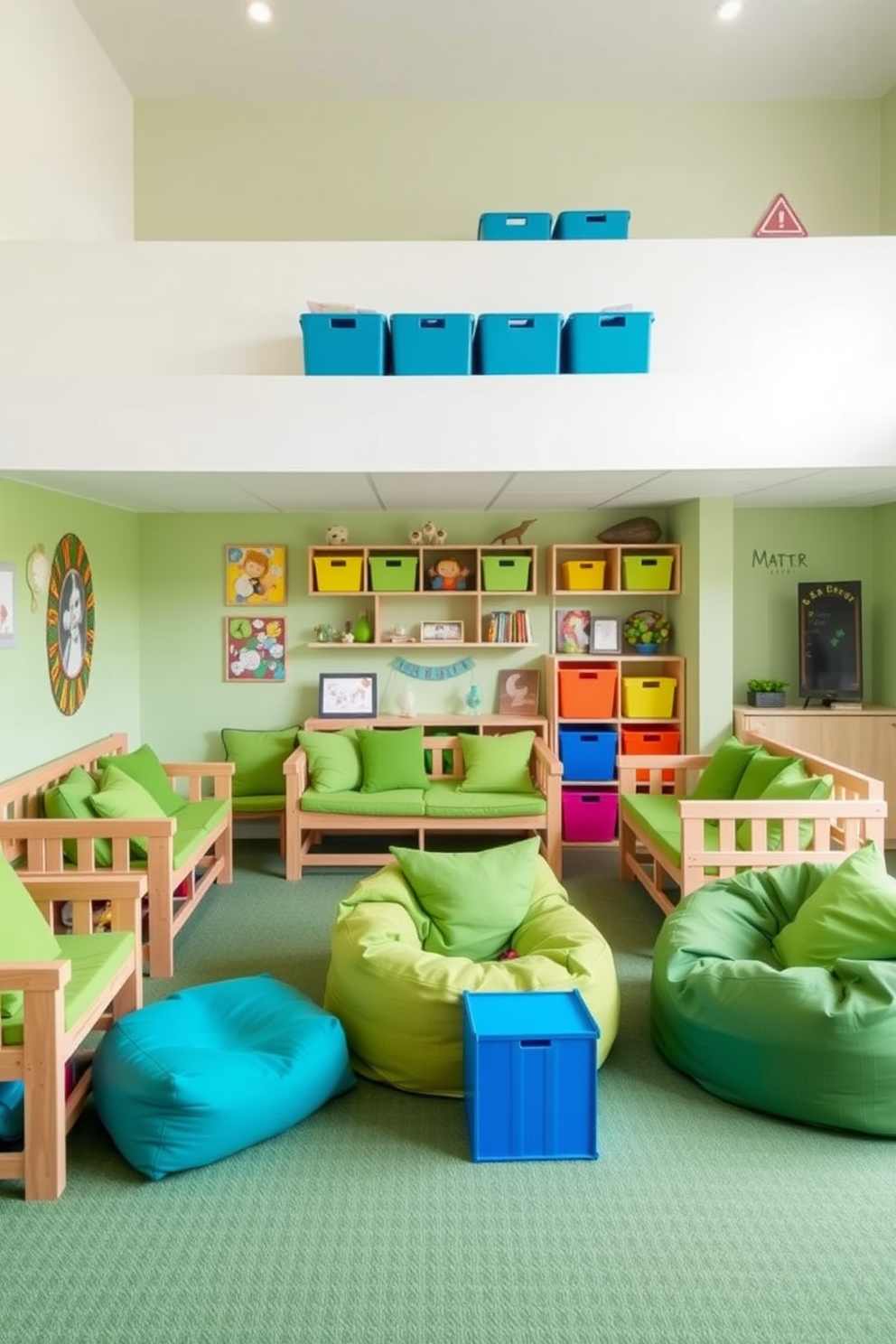 A cozy playroom featuring soft sage green play mats that provide comfort for children. The walls are painted in a light cream color, and large windows allow natural light to flood the space, creating an inviting atmosphere. Colorful storage bins in various shapes and sizes are scattered throughout the room to keep toys organized. A plush area rug complements the play mats, and whimsical wall art adds a playful touch to the decor.