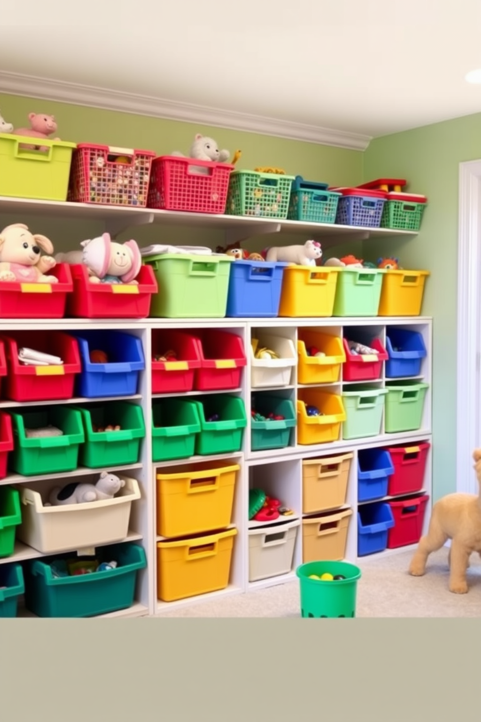 A vibrant playroom filled with colorful bins for organized toy storage. The walls are painted in a soft pastel green, creating a cheerful and inviting atmosphere.