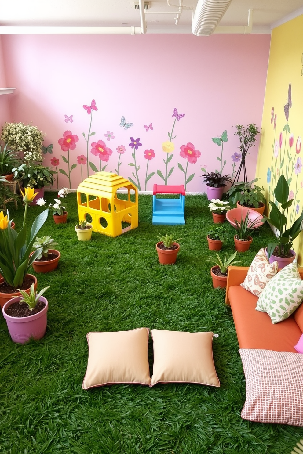 A whimsical garden-themed play area filled with faux grass creates a vibrant and inviting atmosphere. Colorful play structures are scattered throughout, surrounded by potted plants and flower decorations to enhance the playful environment. The walls are painted in soft pastel colors, featuring murals of flowers and butterflies. Cozy seating areas with cushions provide a comfortable space for children to relax and enjoy their imaginative play.