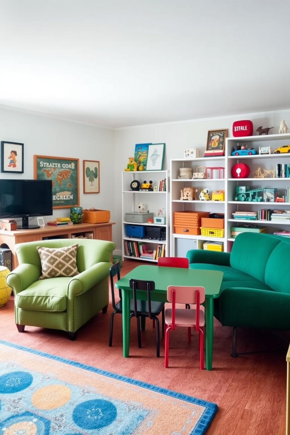 A vintage green armchair and sofa create a cozy retro vibe in the playroom. The walls are adorned with playful artwork, and a soft area rug in complementary colors adds warmth to the space. The playroom features a vintage green table surrounded by mismatched chairs, inviting creativity and play. Shelves filled with colorful toys and books enhance the nostalgic atmosphere while maintaining functionality.