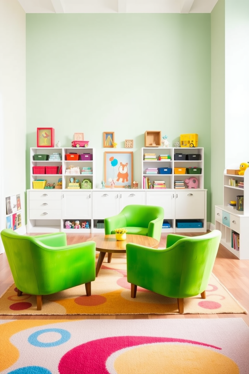 Bright green accent chairs are arranged around a low wooden table in a vibrant playroom. The walls are painted in a soft pastel hue, creating a cheerful backdrop for playful decor. Colorful rugs cover the floor, providing a cozy area for children to sit and play. Shelves filled with toys and books line the walls, enhancing the playful and inviting atmosphere.