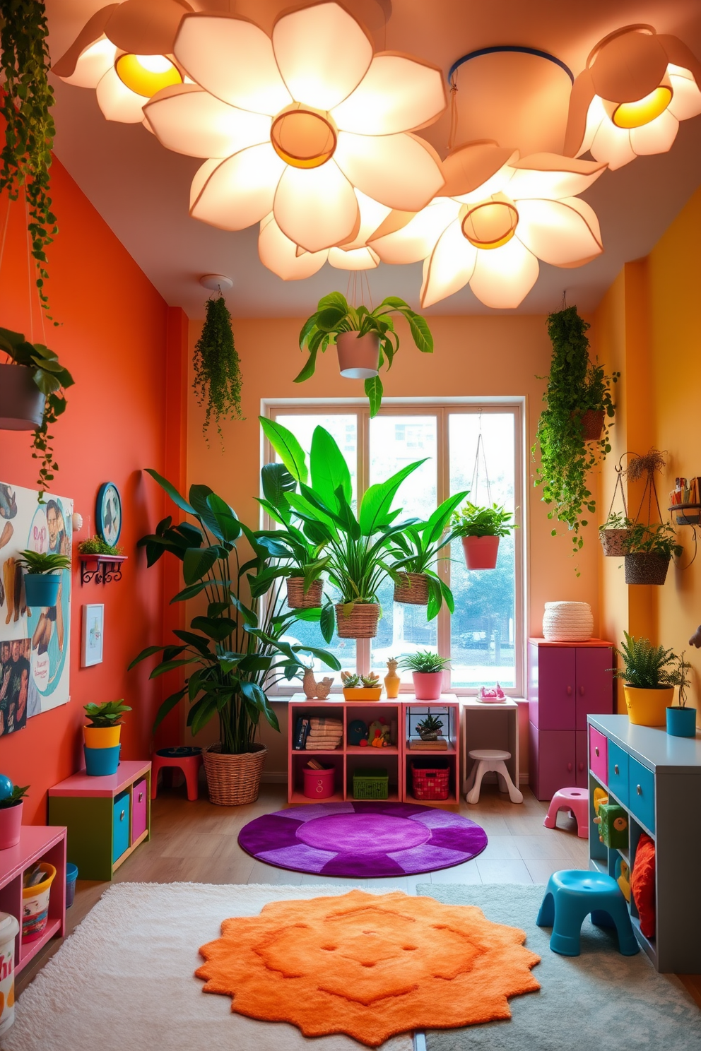 A whimsical playroom filled with vibrant colors and playful decor. The ceiling is adorned with unique lighting fixtures that resemble oversized flowers, casting a warm glow throughout the space. Lush greenery is integrated into the design with potted plants and hanging planters. Soft, colorful rugs cover the floor, providing a cozy area for children to play and explore.