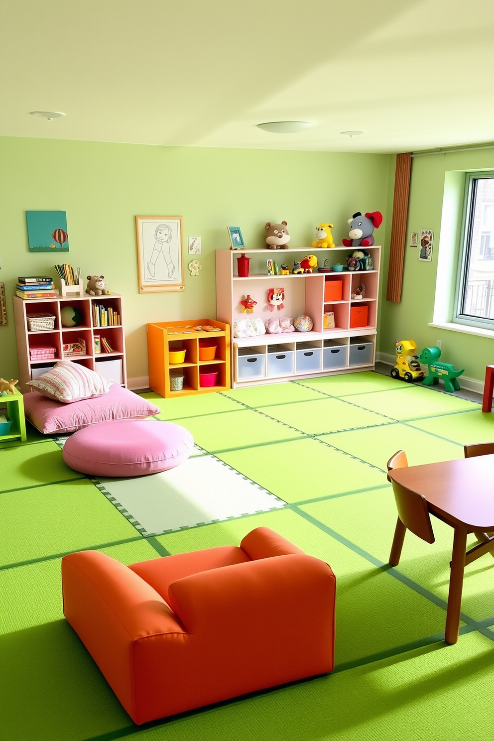 A vibrant playroom filled with green play mats creating a safe and inviting play zone. The walls are painted in a soft pastel green, complemented by cheerful artwork and playful shelving for toys. The space features a cozy reading nook with plush cushions and a small bookshelf. Brightly colored furniture adds a fun touch, while large windows allow natural light to flood the room.