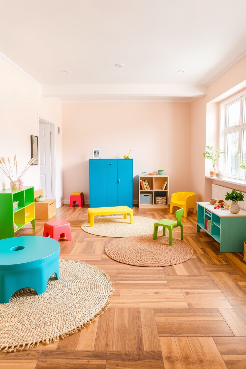 A bright and cheerful playroom designed with eco-friendly materials. The walls are painted in soft pastel colors, and the flooring is made of reclaimed wood, providing a warm and inviting atmosphere. The room features a variety of natural fiber rugs scattered across the floor. Colorful, sustainable furniture made from bamboo and recycled materials is arranged to create playful activity zones.