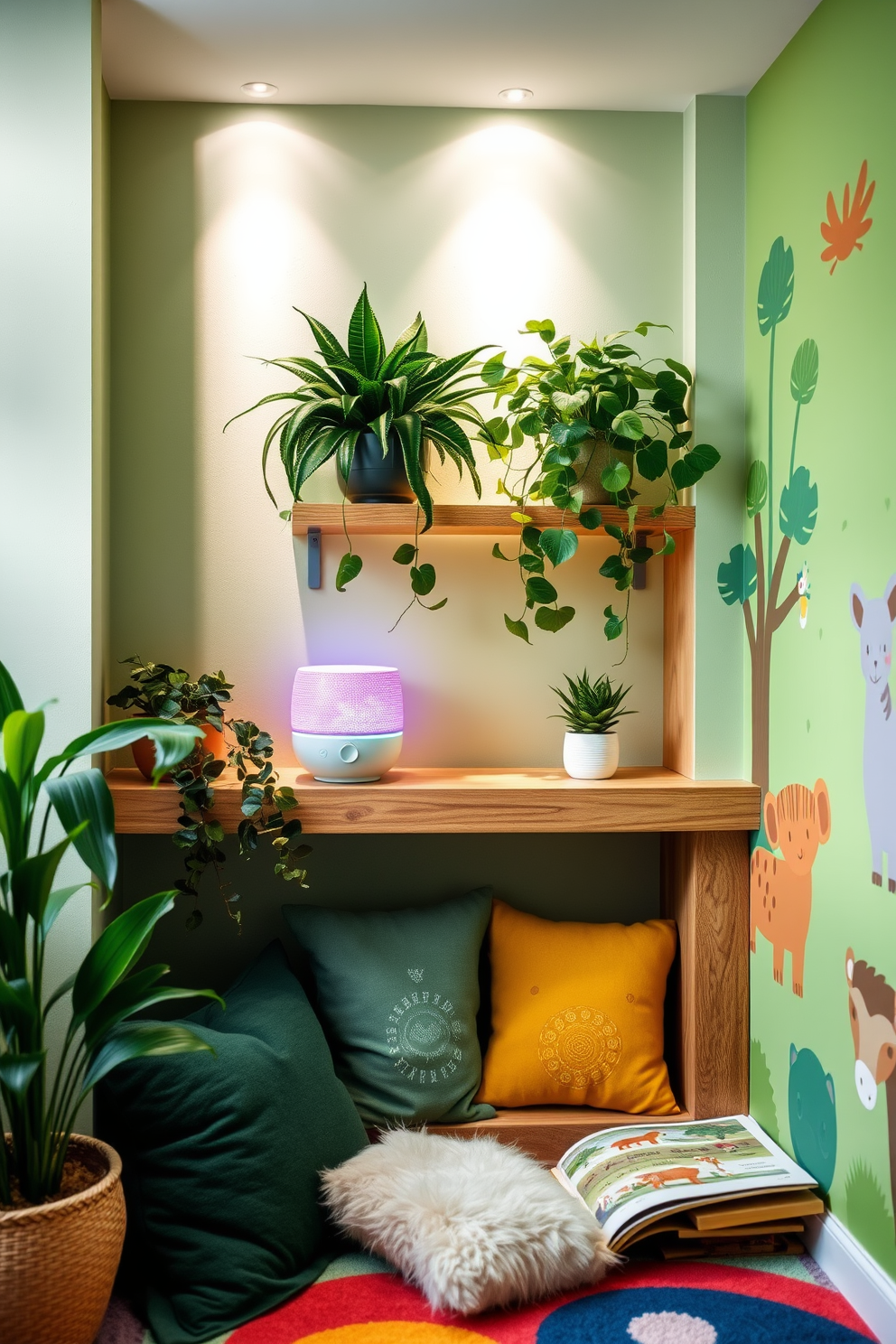 A nature sound machine is placed on a wooden shelf, surrounded by lush indoor plants and soft lighting. The walls are painted in a calming light green shade, creating a serene atmosphere for relaxation. The playroom features vibrant green walls adorned with playful animal murals. A cozy reading nook with plush cushions and a colorful rug invites children to explore their imagination.