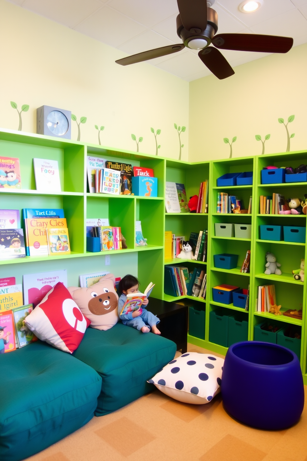 A vibrant playroom filled with creativity. The walls are painted in a refreshing teal, creating an energetic atmosphere for play and learning. Colorful shelving units are filled with toys and books, providing easy access for children. A soft area rug in bright patterns adds comfort and warmth to the space.