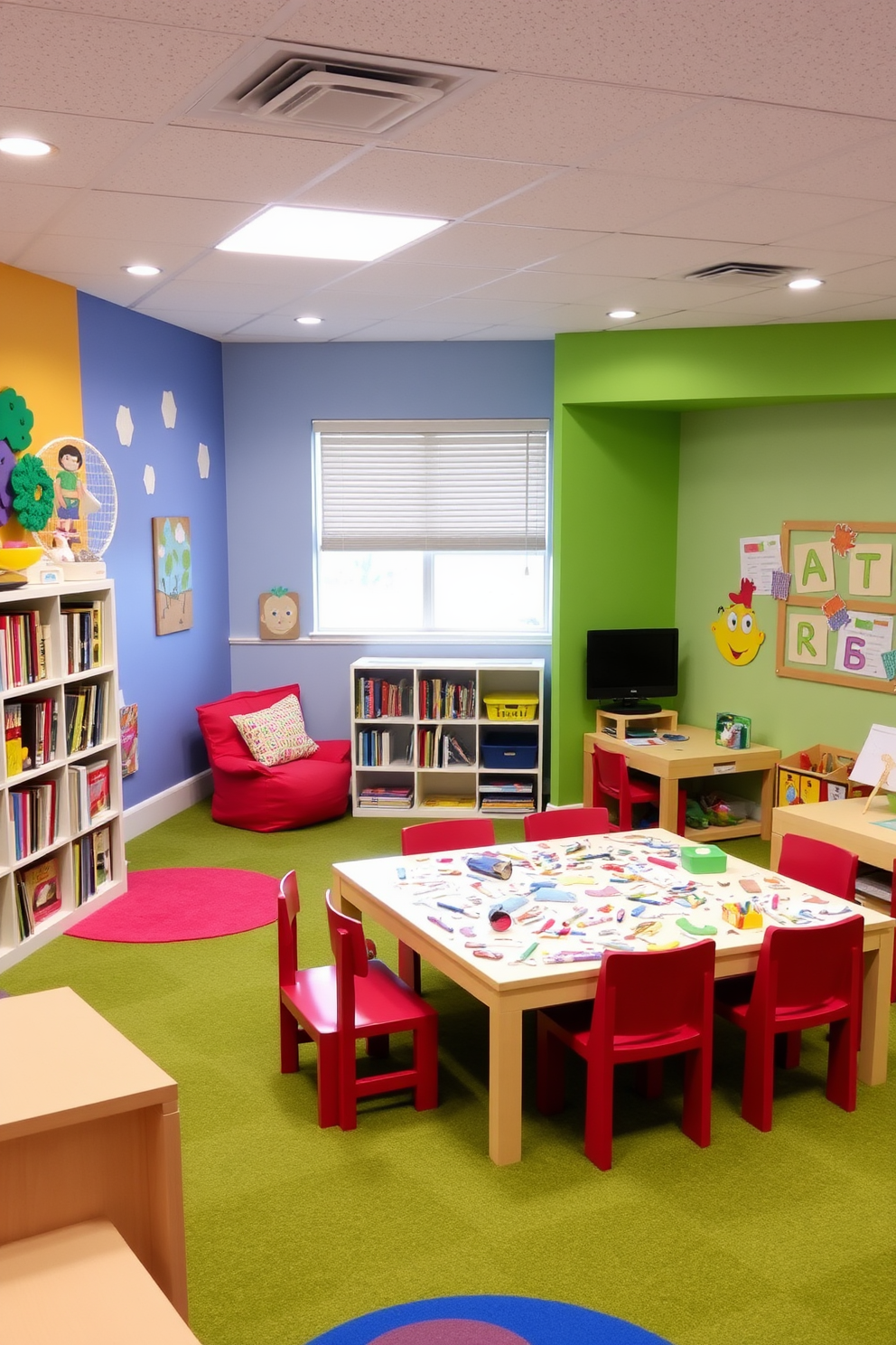 A vibrant playroom designed with distinct themed activity zones. One section features a cozy reading nook with colorful bean bags and bookshelves filled with children's books. Another zone showcases a creative art area with a large table covered in craft supplies and bright wall art. The floor is covered in soft, green carpet, creating a playful and inviting atmosphere for children to explore and enjoy.