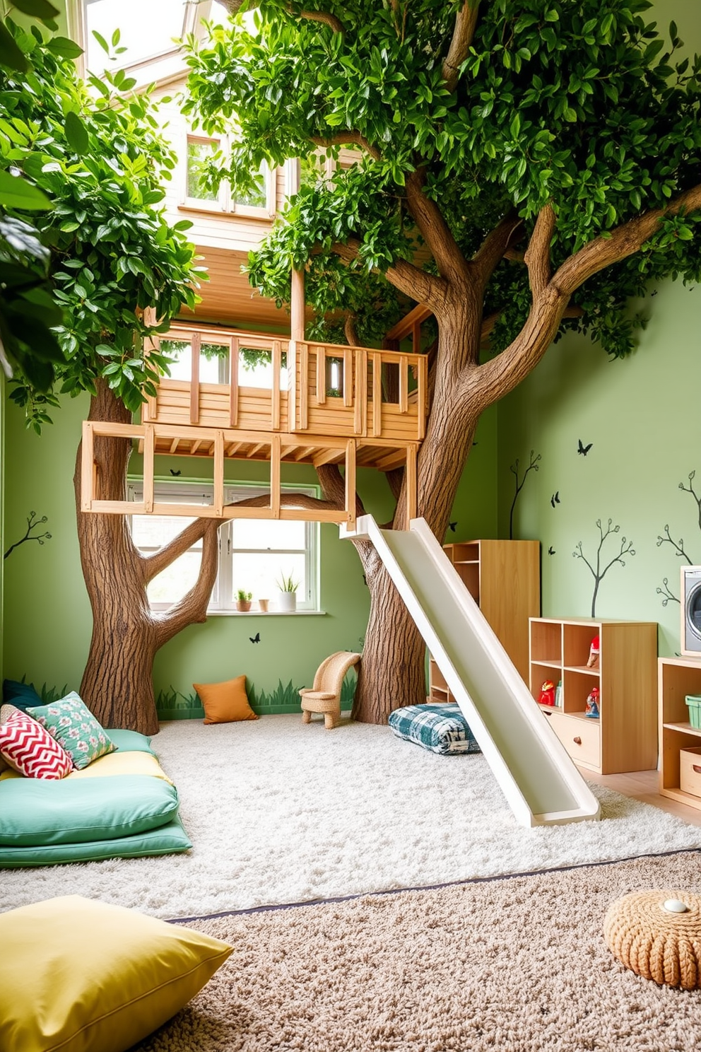 Indoor treehouse play area with soft mats. A cozy wooden structure with multiple levels and a slide, surrounded by lush greenery and colorful cushions. Green playroom design ideas. Walls painted in a light green shade with nature-themed decals and ample storage for toys, complemented by a soft, durable rug.