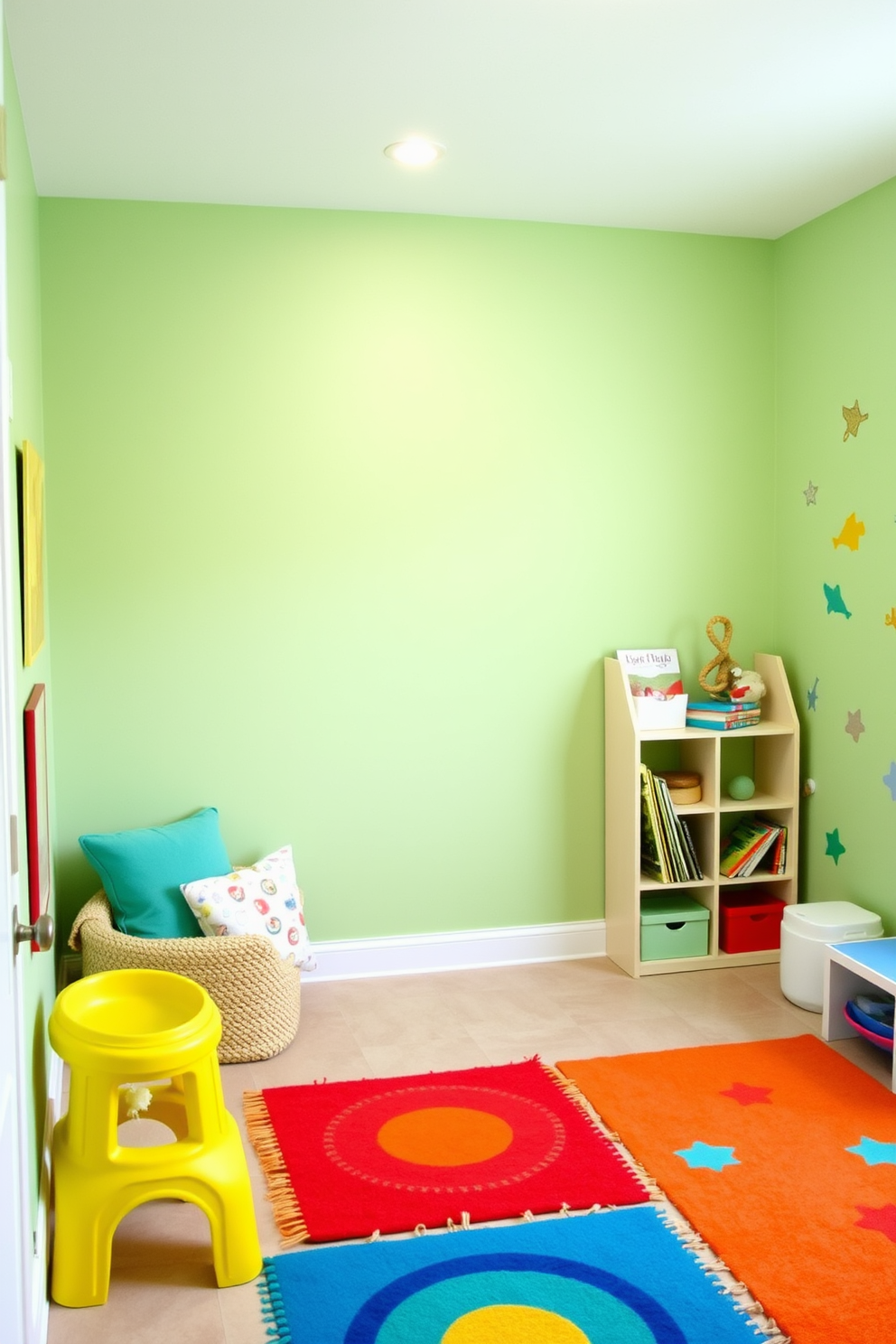 A soft green playroom designed for a soothing environment. The walls are painted in a gentle soft green hue, creating a calming atmosphere for children to play and learn. The room features a cozy reading nook with plush cushions and a small bookshelf filled with colorful children's books. Brightly colored rugs and playful wall decals add a fun and inviting touch to the space.