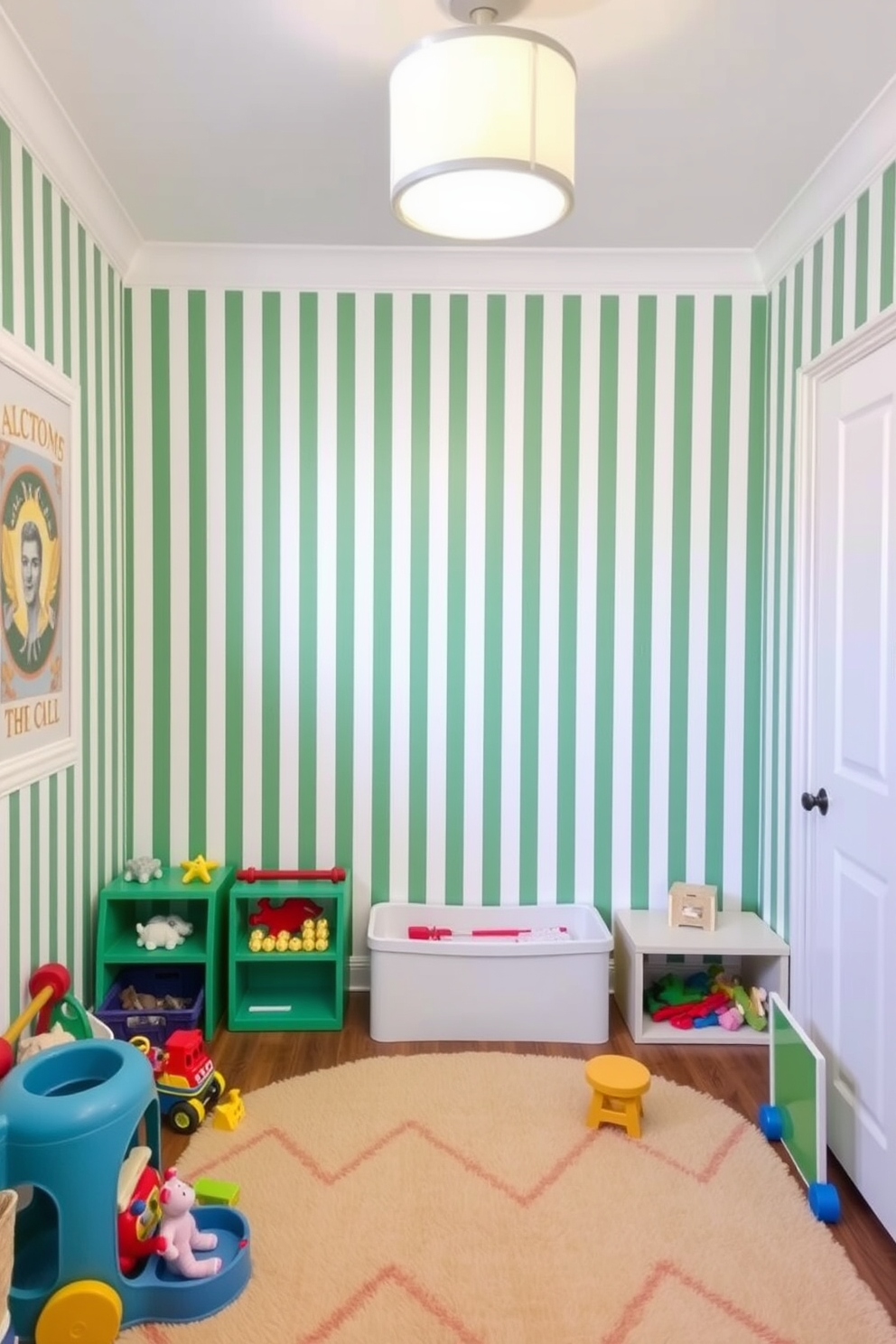 A vibrant playroom featuring green and white striped wallpaper that adds a playful touch to the space. The room is filled with colorful toys and a soft area rug, creating a welcoming environment for children to explore and play.