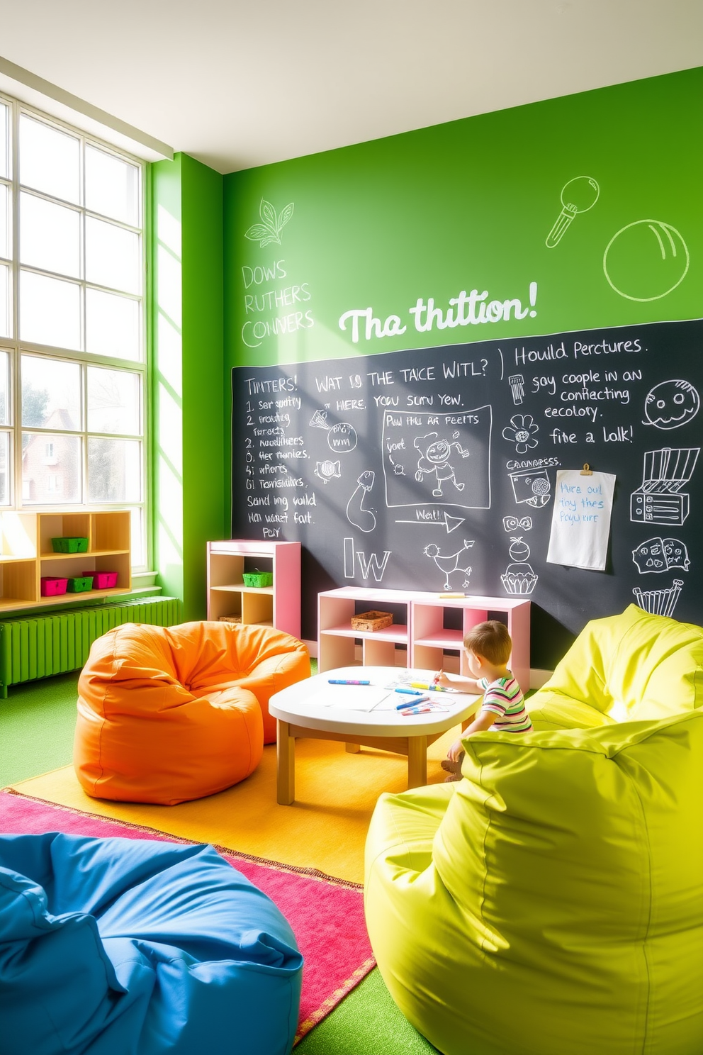 A vibrant playroom featuring an interactive chalkboard wall that encourages creativity and self-expression. The space is filled with colorful furniture, including bean bags and a low table for art activities, creating an inviting atmosphere for children. The walls are painted in a cheerful green hue, promoting a sense of calm and focus. Natural light floods the room through large windows, enhancing the playful and imaginative environment.