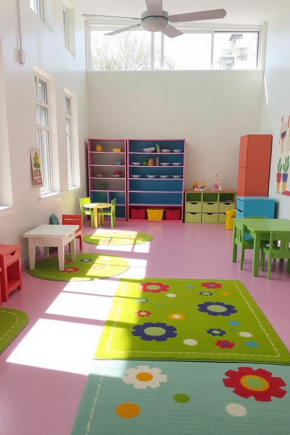 A bright playroom filled with natural light features bright green rugs adorned with colorful patterns scattered across the floor. The walls are painted in soft pastels, and playful furniture pieces in vibrant colors create an inviting atmosphere for children to explore and play.