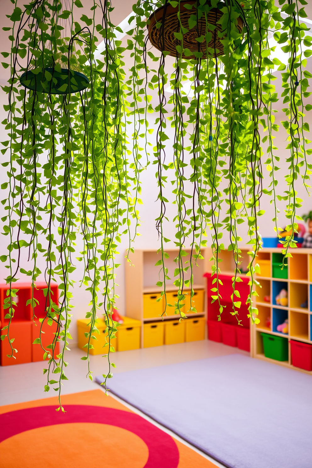 Hanging plants gracefully cascade from the ceiling, creating a lively and fresh atmosphere. The vibrant green leaves add a touch of nature, enhancing the overall aesthetic of the space. The playroom features soft, colorful rugs that provide a cozy area for play. Brightly colored storage bins and shelves are strategically placed to keep toys organized and accessible.