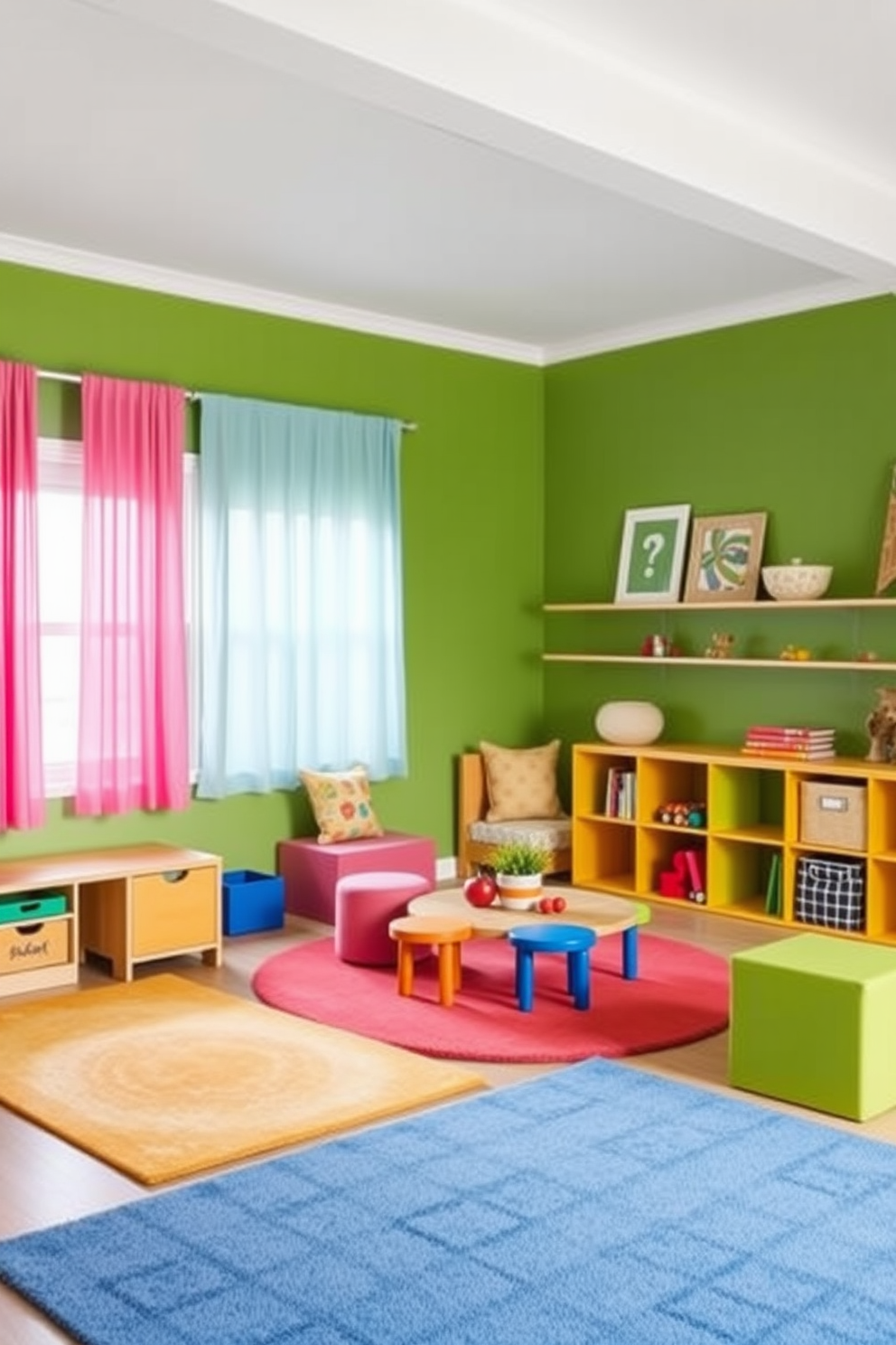 A vibrant playroom filled with natural light features grass green rugs that add texture and warmth to the space. The walls are painted in soft pastel colors, and playful wall decals create an inviting atmosphere for children. In one corner, a cozy reading nook is adorned with plush cushions and a small bookshelf filled with colorful storybooks. Brightly colored furniture, including a low table and chairs, encourages creativity and play.