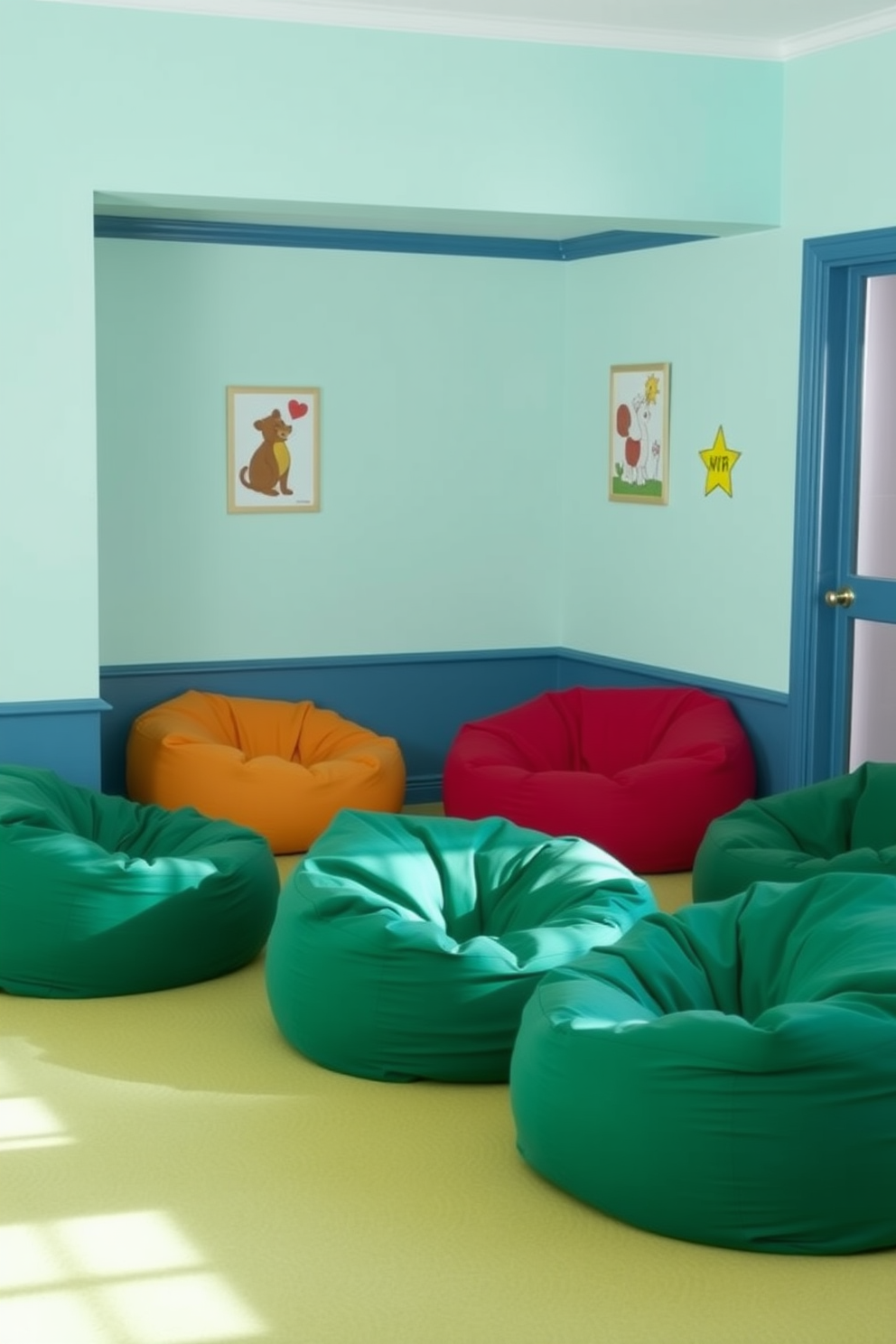 A vibrant playroom featuring green bean bags arranged for comfortable seating. The walls are painted in a cheerful pastel hue, and playful artwork adorns the space, creating an inviting atmosphere for children to enjoy.