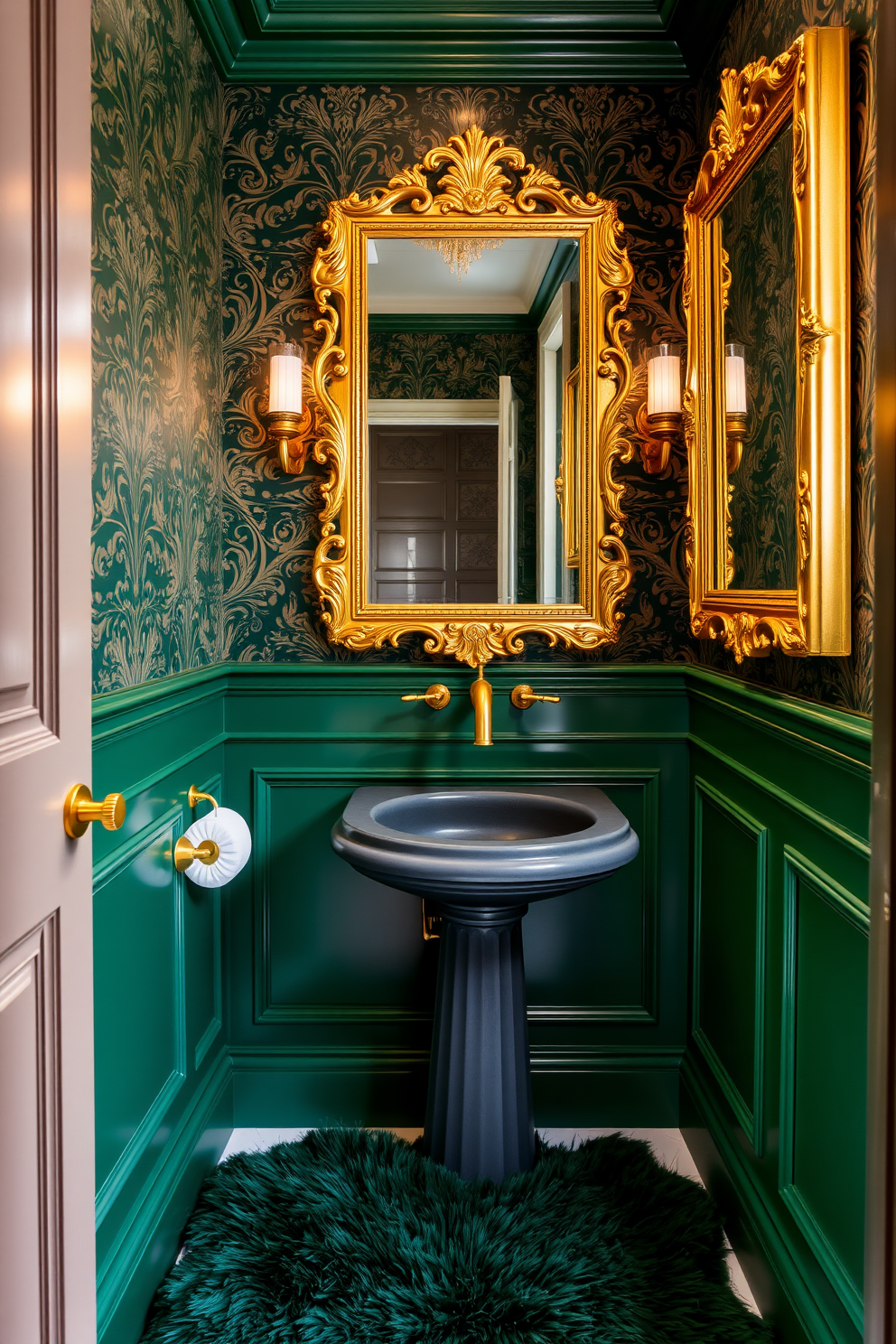 A luxurious powder room featuring rich emerald green walls adorned with gold accents. The space includes a sleek pedestal sink with a gold faucet and an ornate gold-framed mirror reflecting the elegant decor. Soft lighting enhances the opulence, casting a warm glow on the intricate wallpaper. A plush emerald green rug lies beneath, complementing the overall sophisticated aesthetic.