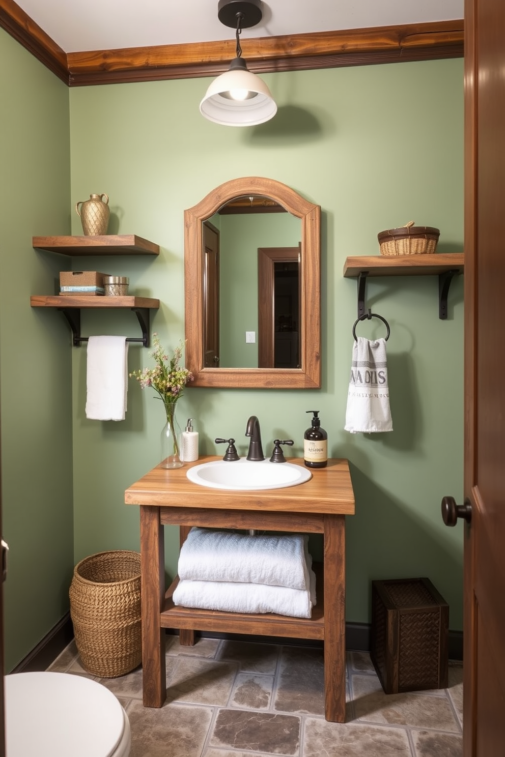 A muted jade green powder room features rustic elements that create a warm and inviting atmosphere. The walls are painted in a soft jade green, complemented by reclaimed wood accents on the vanity and shelving. A vintage-style mirror hangs above the sink, framed in distressed wood that adds character. The floor is adorned with natural stone tiles, enhancing the rustic charm of the space.