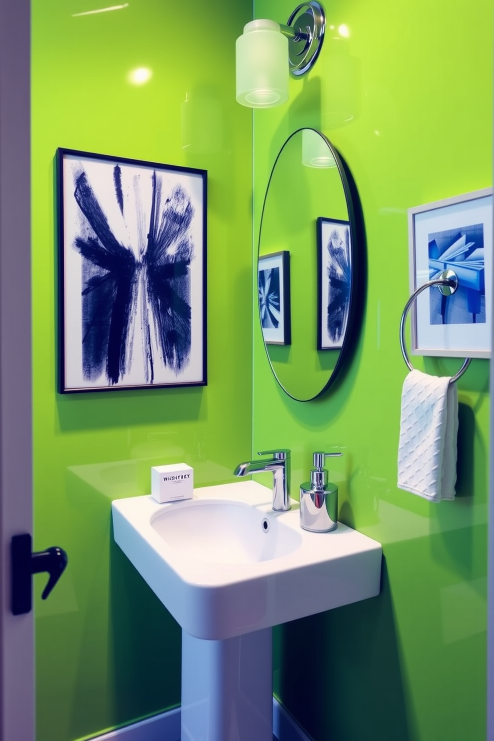 A glossy lime green powder room features sleek modern art pieces adorning the walls. The space includes a contemporary pedestal sink and a minimalist mirror that reflects the vibrant color scheme.